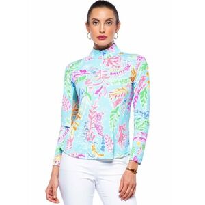 IBKUL Womens UPF 50+ Sun Shirt Golf Resort Wailea Blue Maui Tropical Floral L